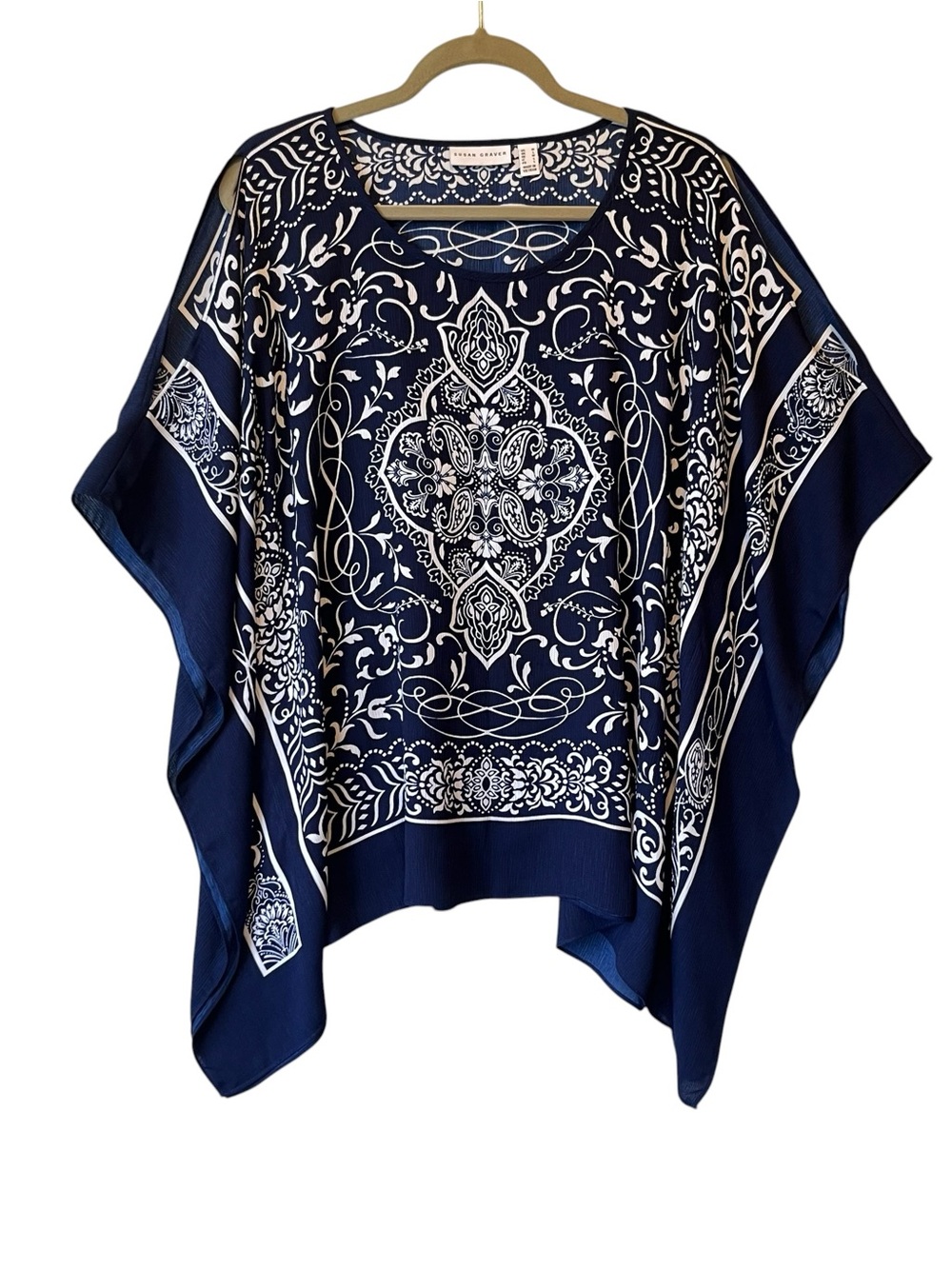 Susan Graver M handkerchief blouse Cold shoulder Blue Pullover poncho Womens top